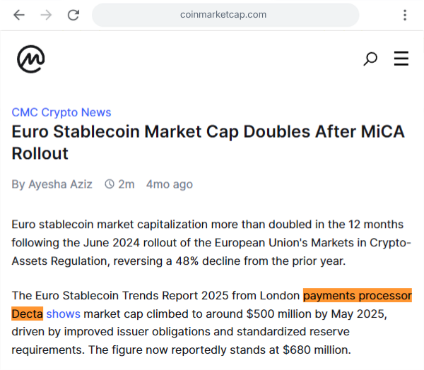 DECTA Euro Stablecoin Trends Report coverage on CoinMarketCap