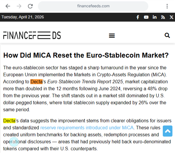 DECTA Euro Stablecoin Trends Report coverage on FinanceFeeds