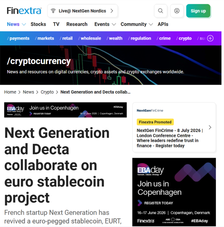 Next Generation euro-pegged stablecoin launch press release placement on Finextra