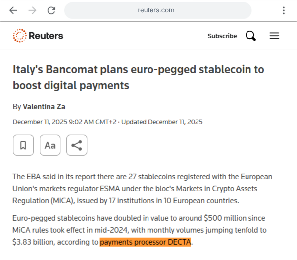 DECTA Euro Stablecoin Trends Report coverage on Reuters