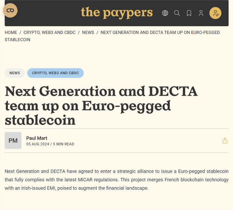 Next Generation euro-pegged stablecoin launch press release placement on The Paypers