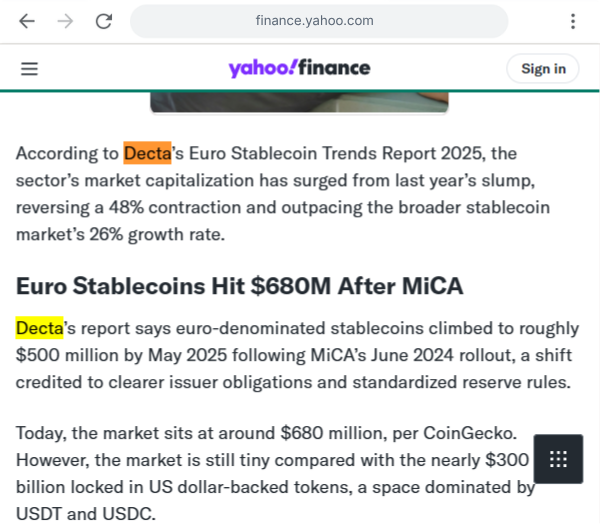 DECTA Euro Stablecoin Trends Report coverage on Yahoo Finance